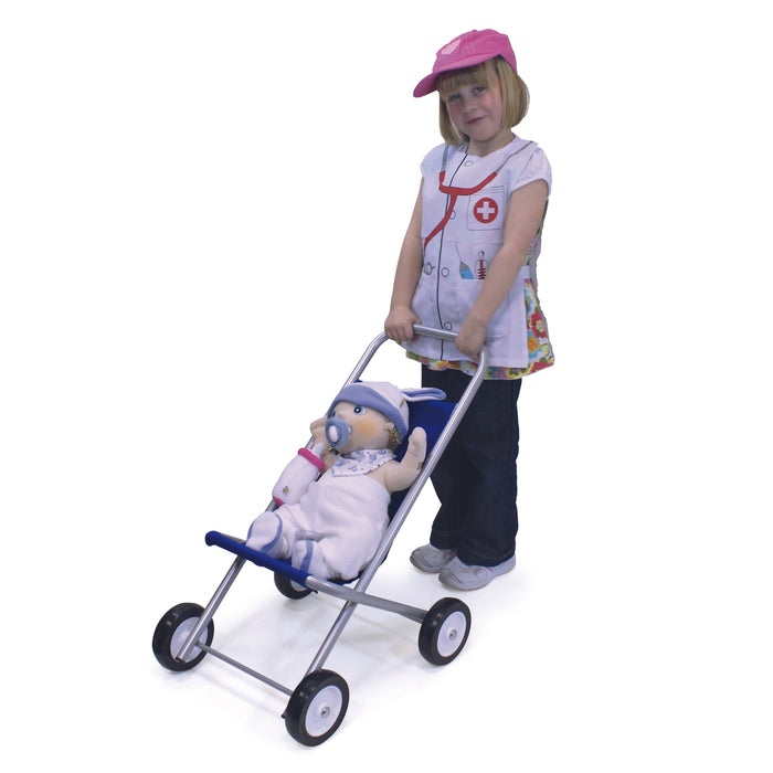 Large Dolls Pushchair Silver With Blue Cover